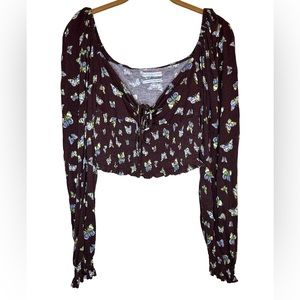 Urban Outfitters Cropped Smocked Top long sleeve brown with butterfly print sz L